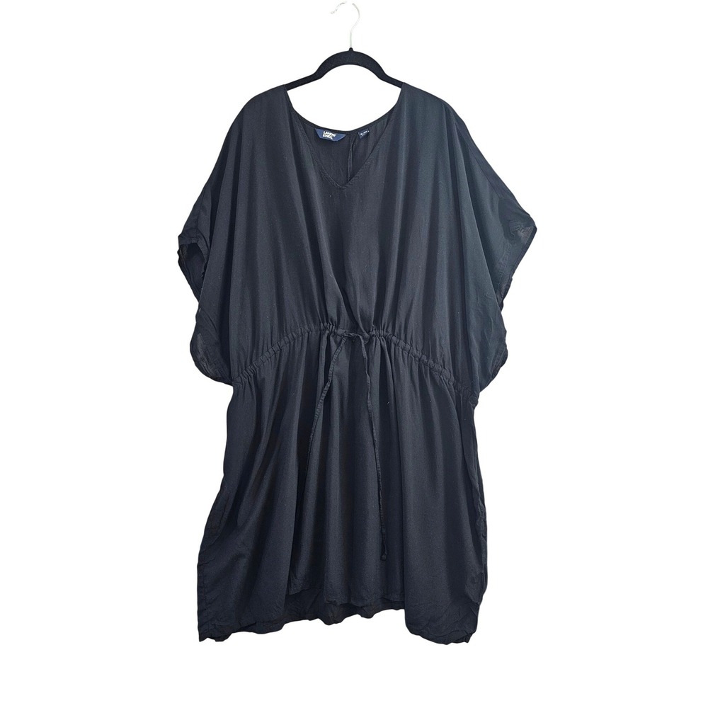 Lands End Swim Coverup Women XL-XXL Black Solid Modal Drawstring Kaftan Dress